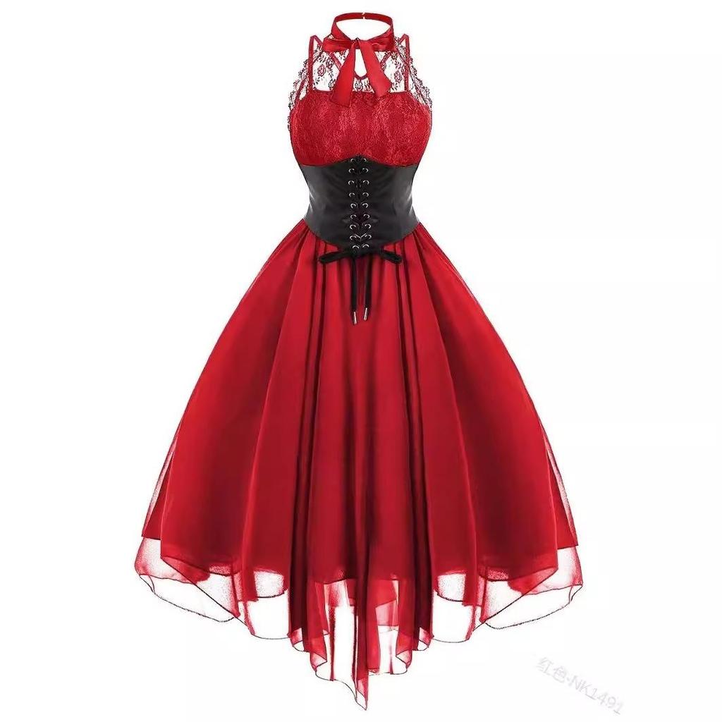 Robe Vintage de Cour Sans Manches en Dentelle à Col Suspendu et Taille à Nouer pour Femme