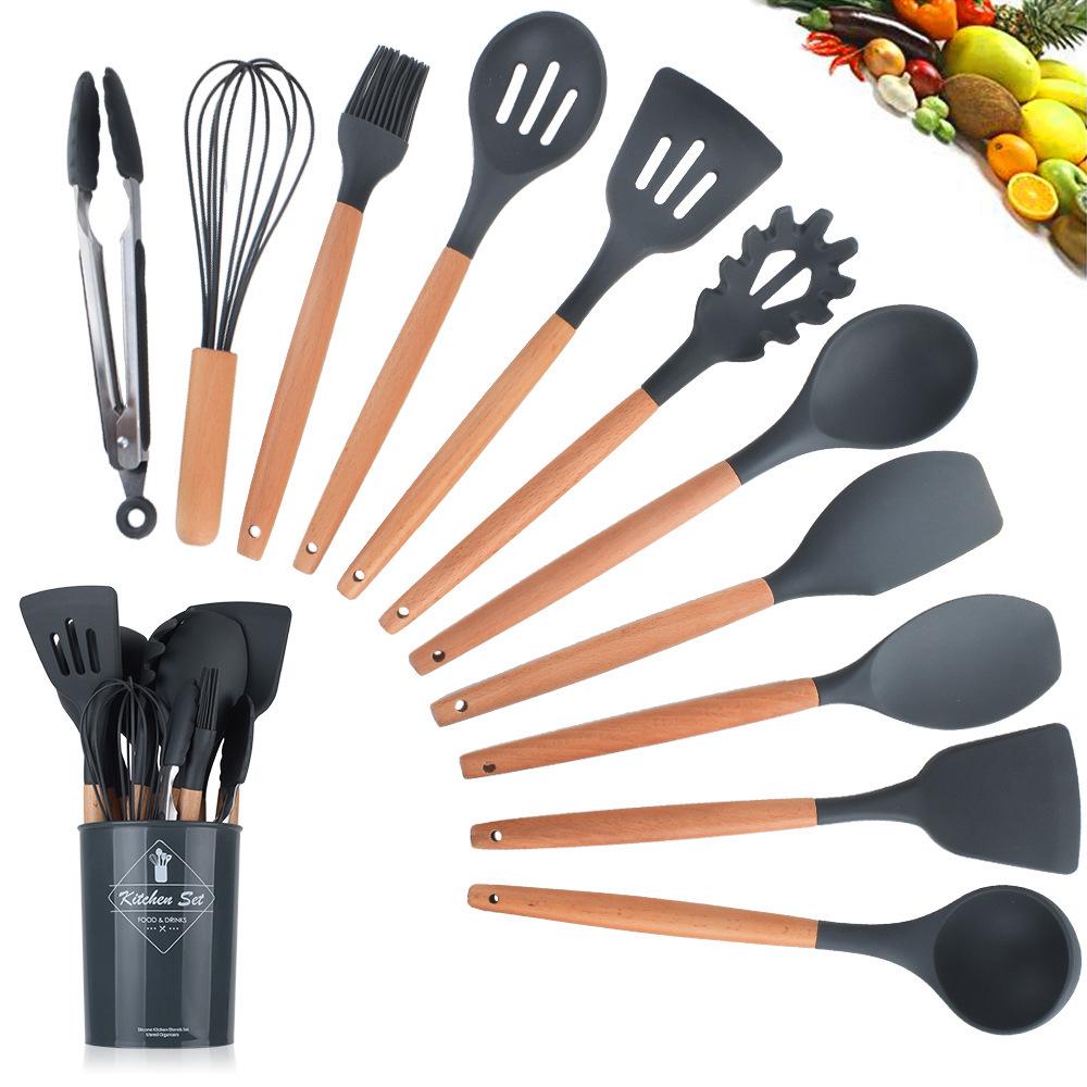 11-Piece Wooden Handle Silicone Kitchenware Set - Includes 9 Kitchen Tools, Spatula, and Spoon.