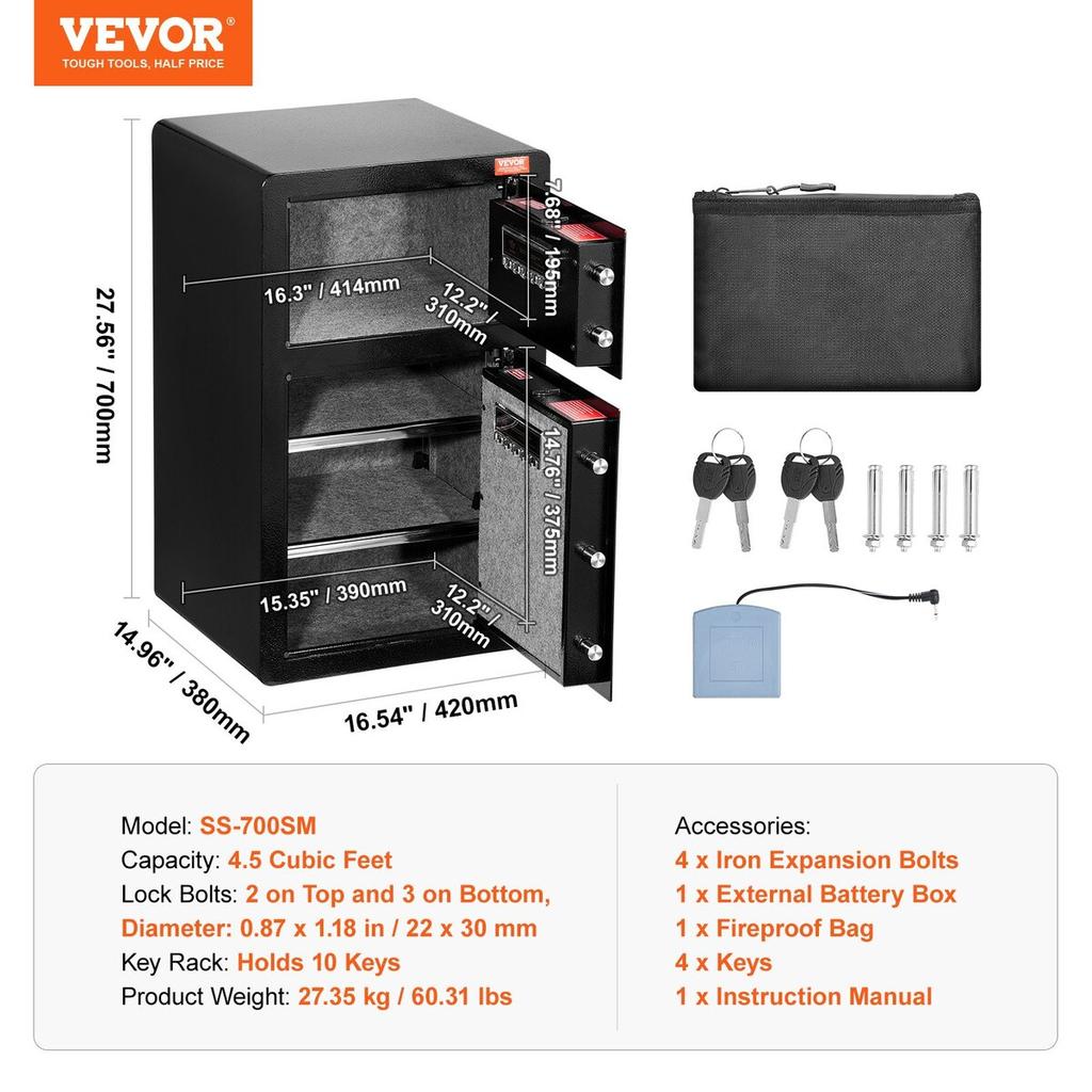 Double Door 4.5 Cu.ft Safe Box with Key Lock Password Fireproof Bag Black