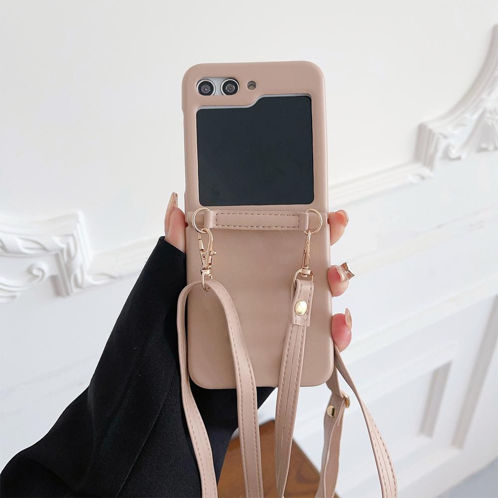 Crossbody Lanyard Shockproof  Phone Case for Samsung Galaxy Z Flip 5 4 3 Flip5 Flip4 Flip3 5G Leather Soft Fall Prevention Cover