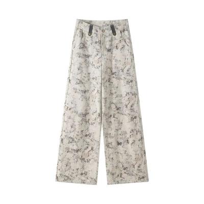 Tie-dye Printed Casual Wide-leg Jeans for Women Loose High Waist Drooping Simple Floor Jeans