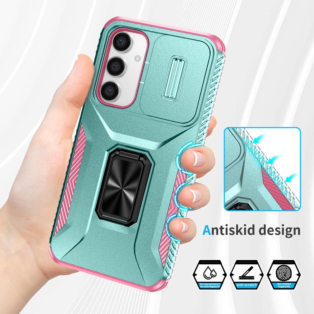 For Samsung Galaxy S23 FE Kickstand Case TPU+PC Phone Protector with Slide Lens Cover