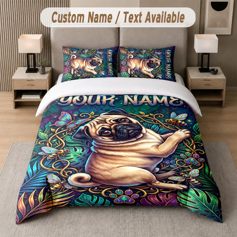 Pug Theme Custom Text Or Name 3Pcs Bedding Set 1 Flat Sheet & 2 Pillowcases Personalized Home Bedding