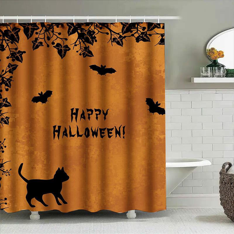 Halloween Decor Shower Curtain With Black Cats Bats Printing Orange Fabric Shower Curtains For Home Decoration