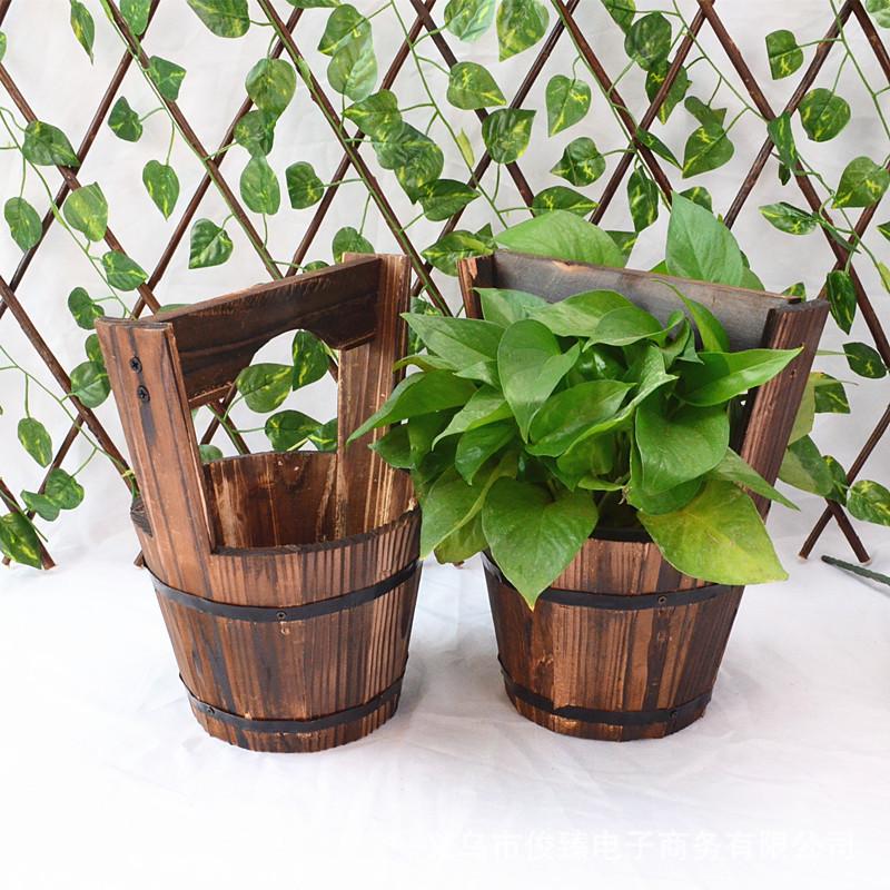 Carbonized Wood Succulent Pot, Balcony Flower Planter, Retro Hanging Fence Water Bucket