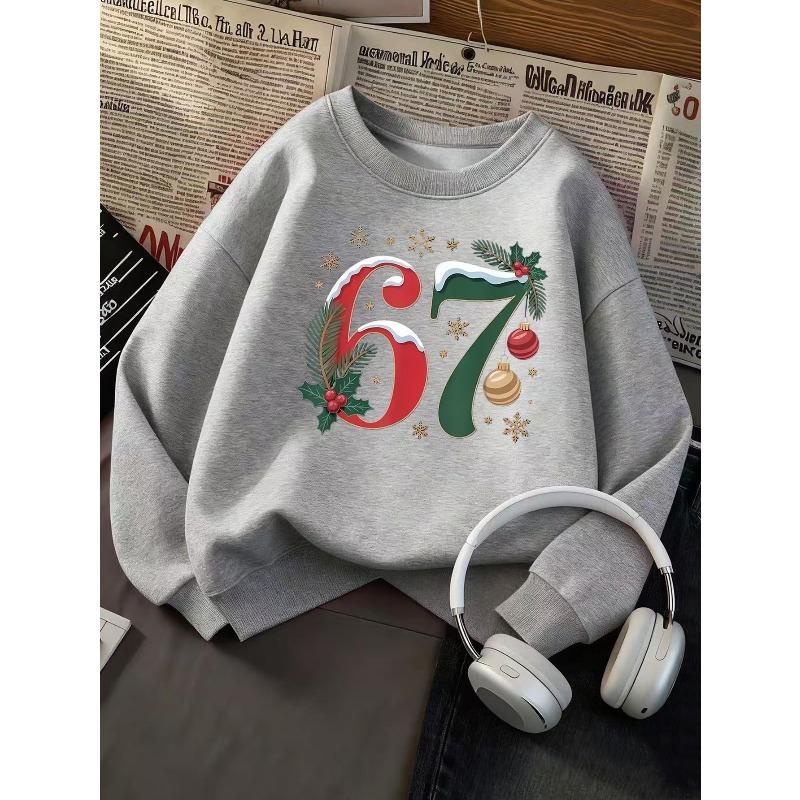 Unisex Kids Sweatshirt, Christmas Snow Holly Bauble Number 67 Print Pullover, Boys Girls Holiday Birthday Sweatshirt For Kids Over 4 Years Old