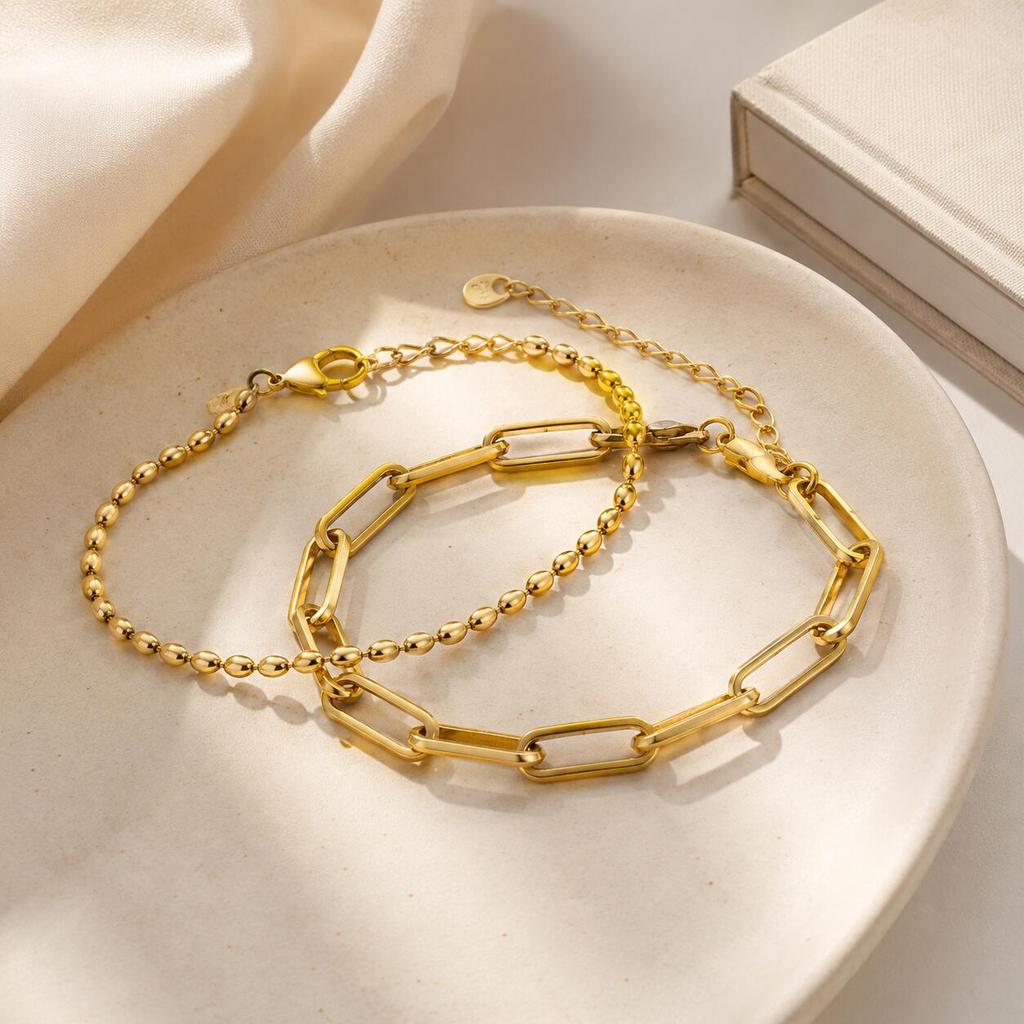 316L Stainless Steel Bracelet 2PCS, Golden Layered Chain Adjustable Stackable Jewelry, Women Summer Vacation Gift
