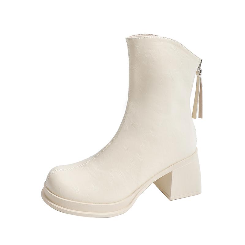 

Модные женские ботильоны на высоком каблуке 2025 новые осень и зима, с круглым носком, на толстом каблуке, универсальные модные ботинки для верхней одежды 37 бежевый