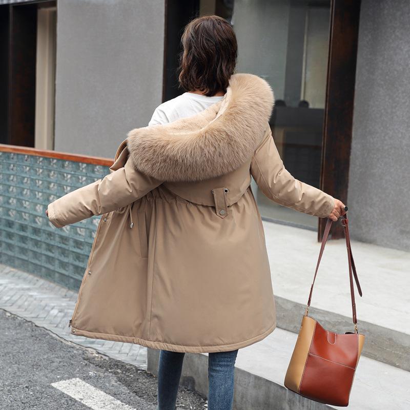 

Женская осенне-зимняя куртка, парка, утепленная хлопковая подкладка, средней длины, с меховым воротником и капюшоном, регулируемая талия, однотонный цвет, M-6XL L хаки
