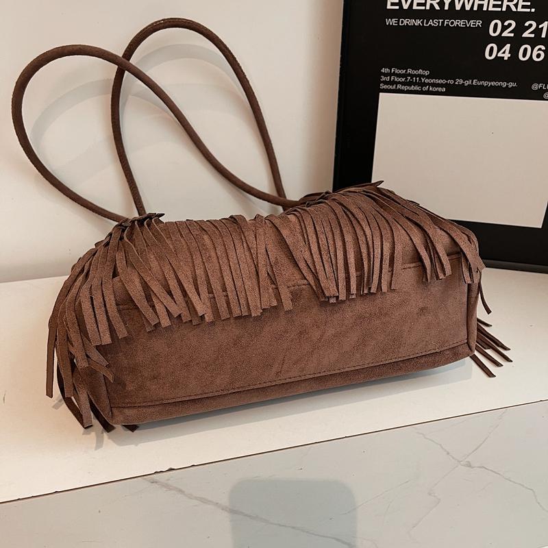 Bruine Suède Franje Tote Tas Dames Mode Schoudertas Met Gelaagde Kwastjes Boho Stijl Handtas Dagelijks Gebruik