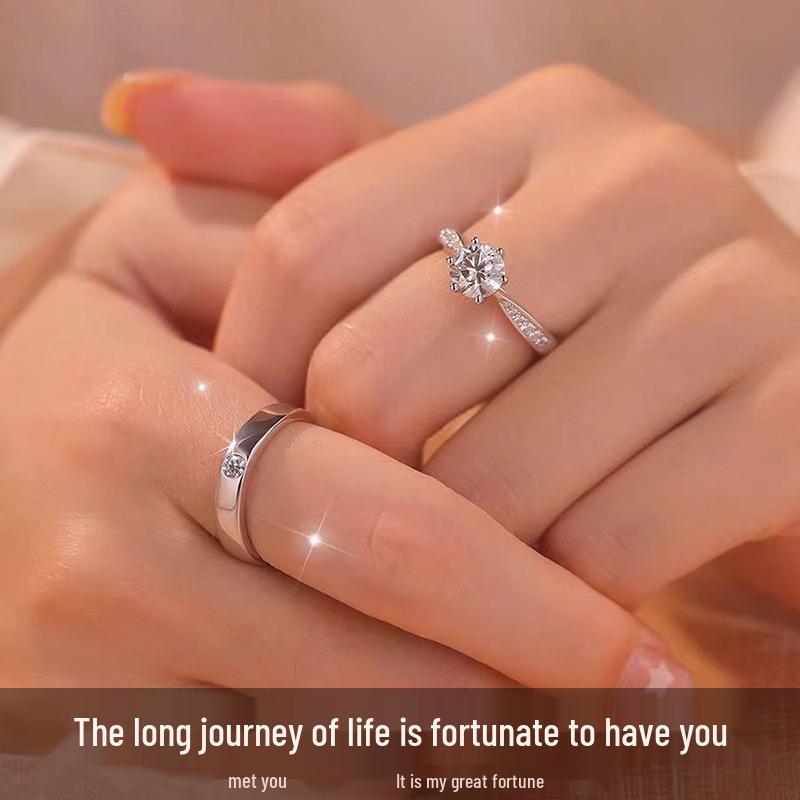 Adjustable One Carat Simulated Diamond Ring & Six-Prong Couple Wedding Bands