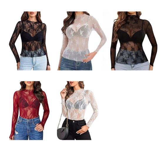 Women Tops Mock Collar Long Sleeve Slim Fit Blouses Sexy See-through Floral Embroidered Lace Mesh Shirt