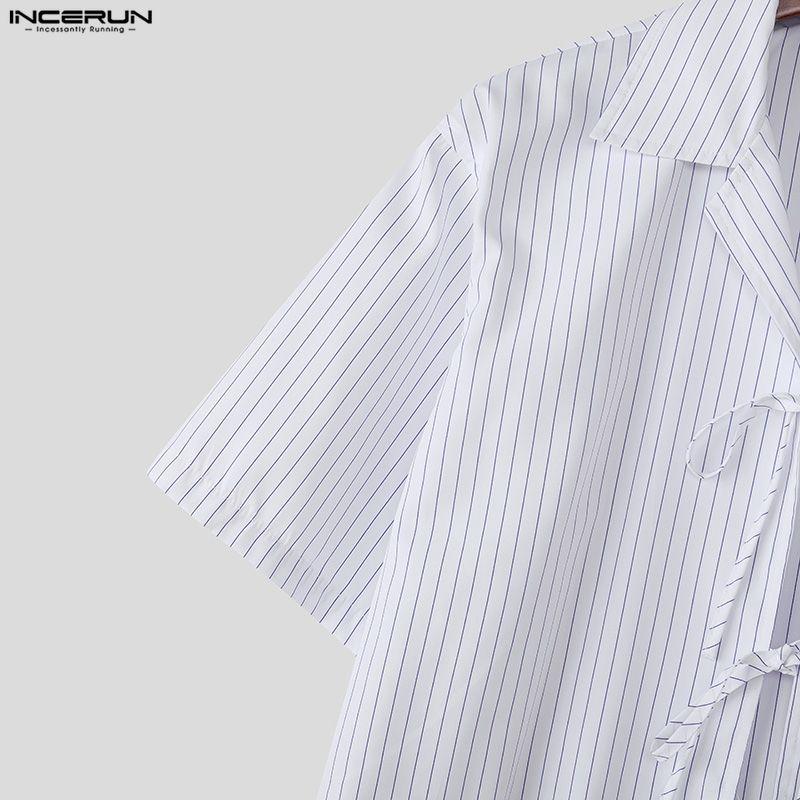 INCERUN Men Lapel Neck Short Sleeve Striped Lace-up Casual Loose Oversized Shirts