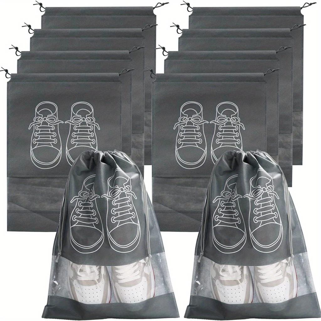 10pcs Waterproof Shoe Storage Bags - Durable Drawstring Organizers for Travel/Closet, Portable Shoe Pouches with Ventilation Holes Black/Gray