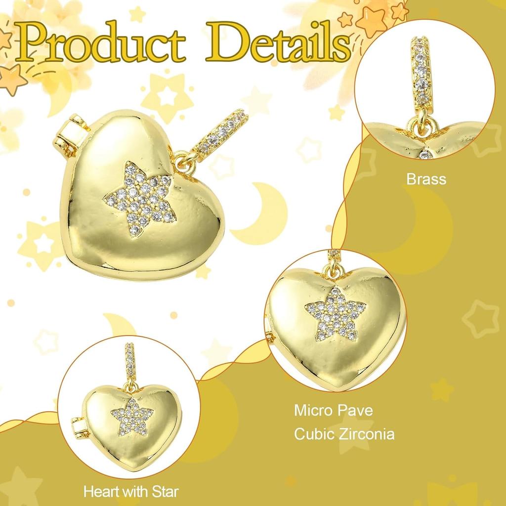 Ipotkitt 5Pcs Heart with Star Brass Micro Pave Cubic Zirconia Diffuser Locket Charm Pendants Openable Ornaments for DIY Making - 19.5x22.5mm