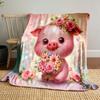 Cute Pig with Floral Bouquet Patterned Blanket, Flannel, Suitable for All Seasons, Home Decor, Warm and Cozy