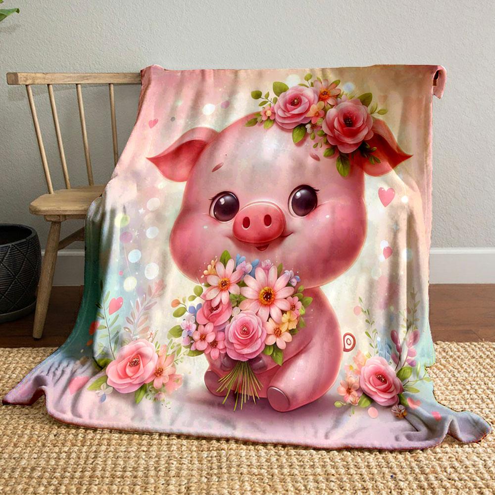 Cute Pig with Floral Bouquet Patterned Blanket, Flannel, Suitable for All Seasons, Home Decor, Warm and Cozy