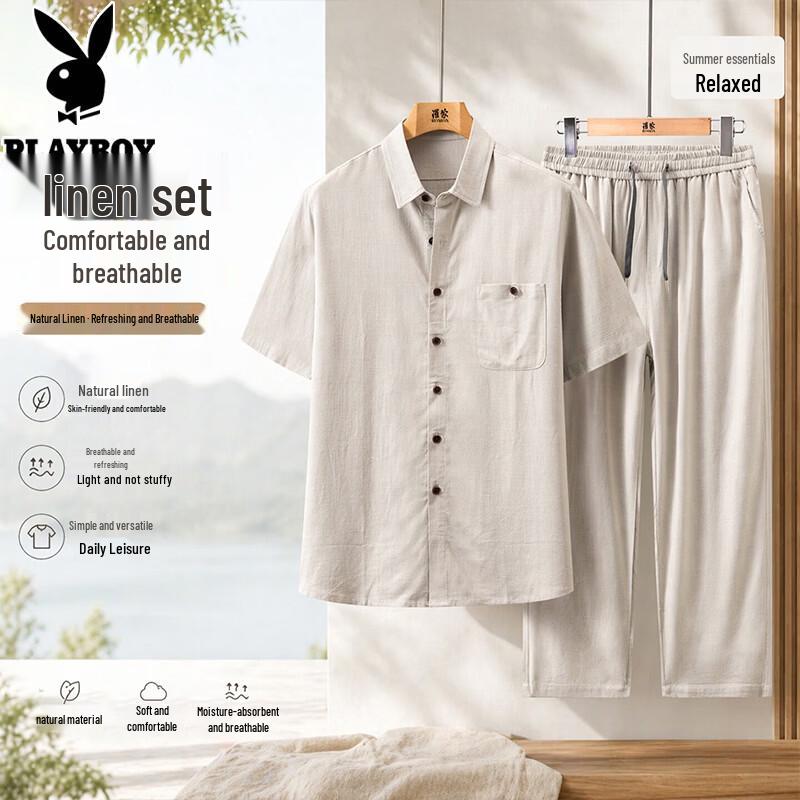 Playboy Men s Linen Blend Short Sleeve Shirt & Trousers Set 4XL