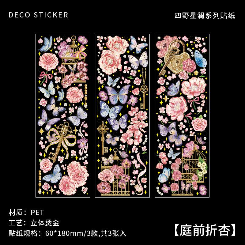 3-Piece Long Strip Holographic Gold Foil Butterfly & Flower Stickers, Vibrant Floral Designs with 3D-like Gold Butterflies
