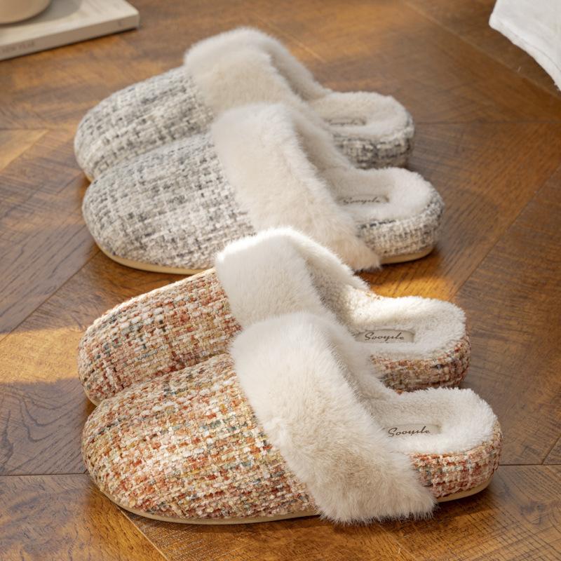 New thick-soled heightened small fragrant slippers autumn and winter indoor household velvet warm and non-slip wool cotton slippers