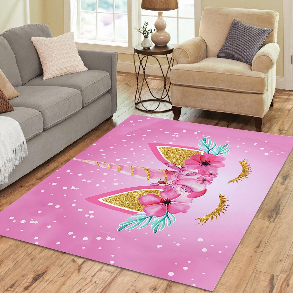 Cute Unicorn Carpet Cartoon Magical Animal Indoor Floor Mat Colourful Floral Area Rug for Kids Girls Living Room Decor Doormat