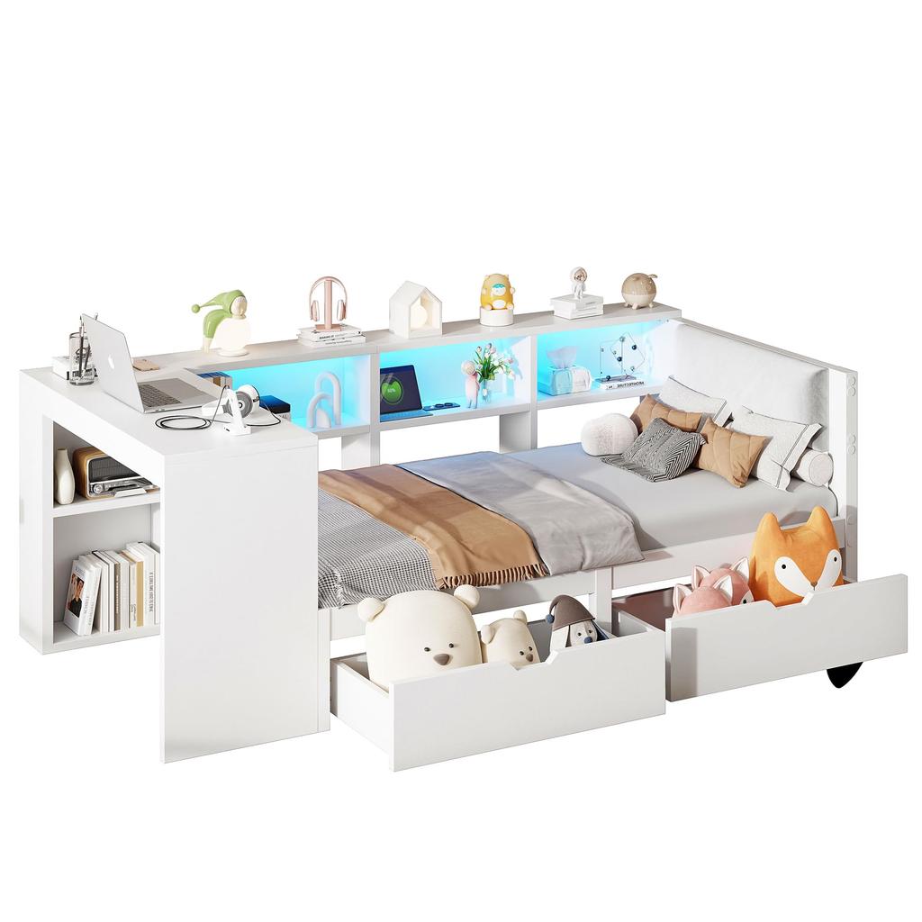 Children's Bed 90x200 Wood Single Bed Slatted Frame Storage Space USB LED Light Desk 2 Drawers Storage Compartments Shelves Daybed White