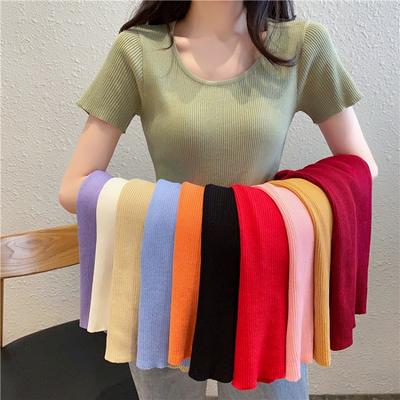 New Summer Round Neck Knitted Short Sleeve T-shirt Women Slim Fit Elastic Solid Casual Women's T Shirts Tops Fashion Elegant Simple Female Tee 26319