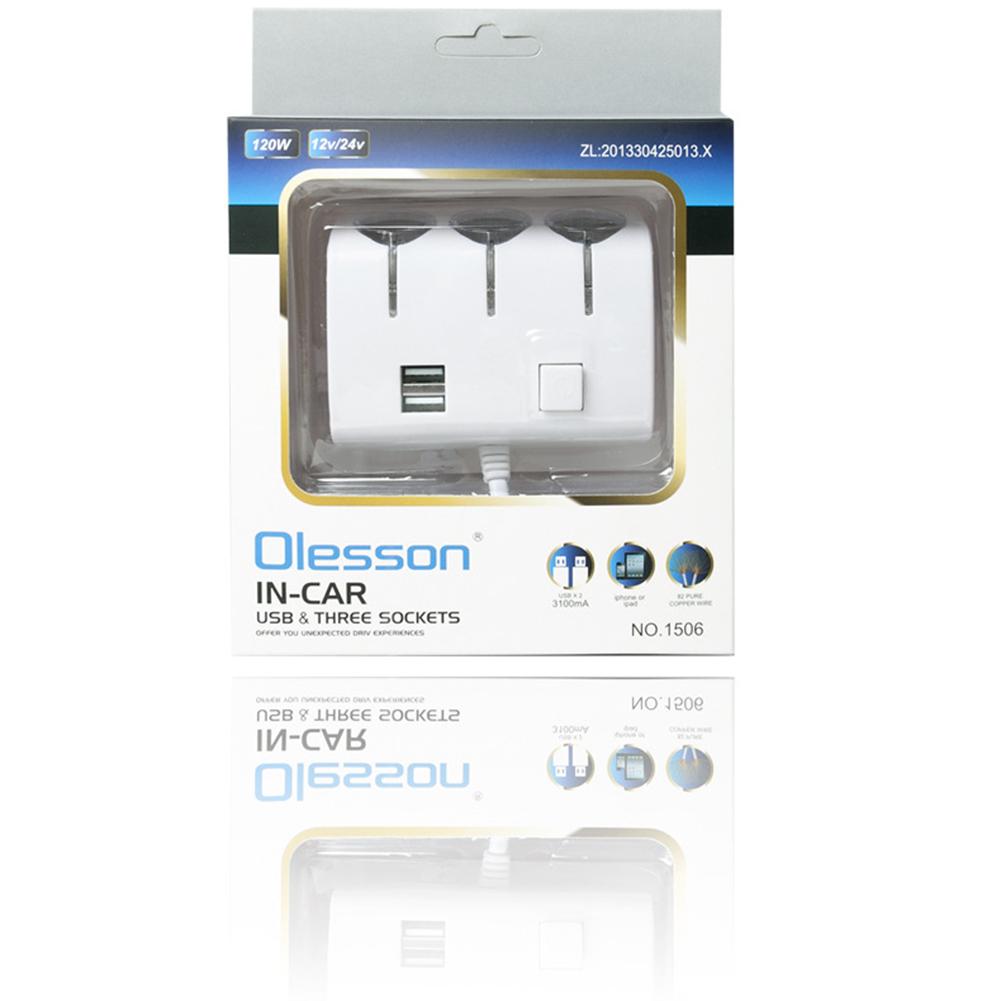 3 In1 Car Cigarette Lighter Socket Splitter with 10A Insurance Tube 2 USB Car Charger Splitter Extender LED Blue Light Indicator