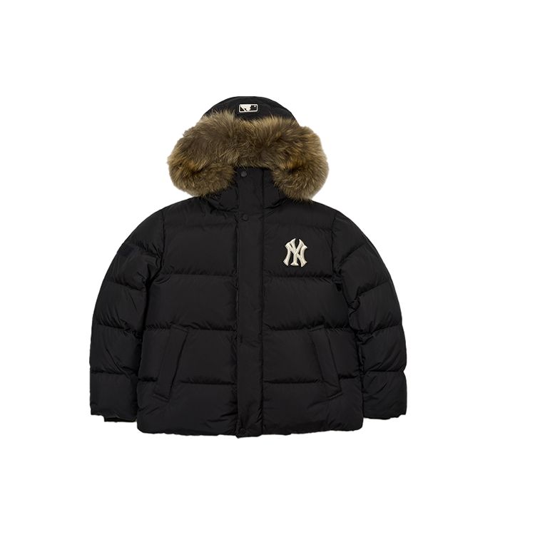 MLB New York Yankees Logo Bestickte Kapuzen-Daunenjacke mit Pelzfutter, Warm, Unisex, Oberbekleidung, Schwarz 3ADJB0516-50BKS XS black
