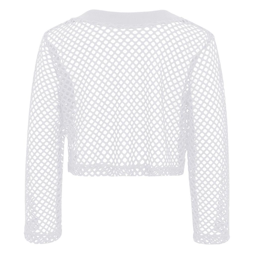 Maglietta da ragazza a rete trasparente con trafori, girocollo a coste, manica lunga, crop top, top per skateboard, hip hop, street dance