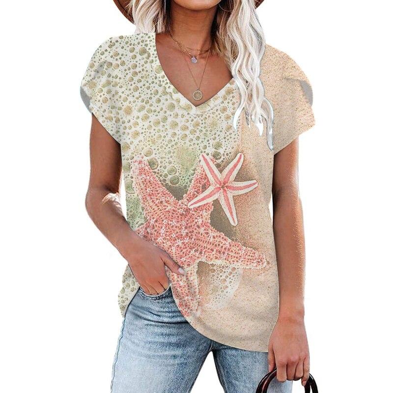 Camicette 2023 Estate Manica Corta T-Shirt da Spiaggia Moda Donna Streetwear Stampa T-shirt Girocollo T-shirt Ampia Abbigliamento Elegante 25702