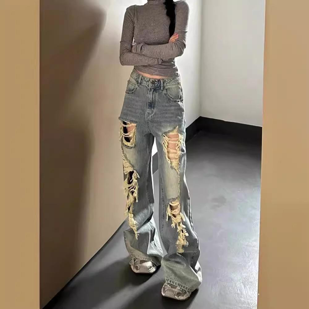 Petite Women's Retro High-Waist Ripped Jeans: Distressed, Loose, Wide-Leg