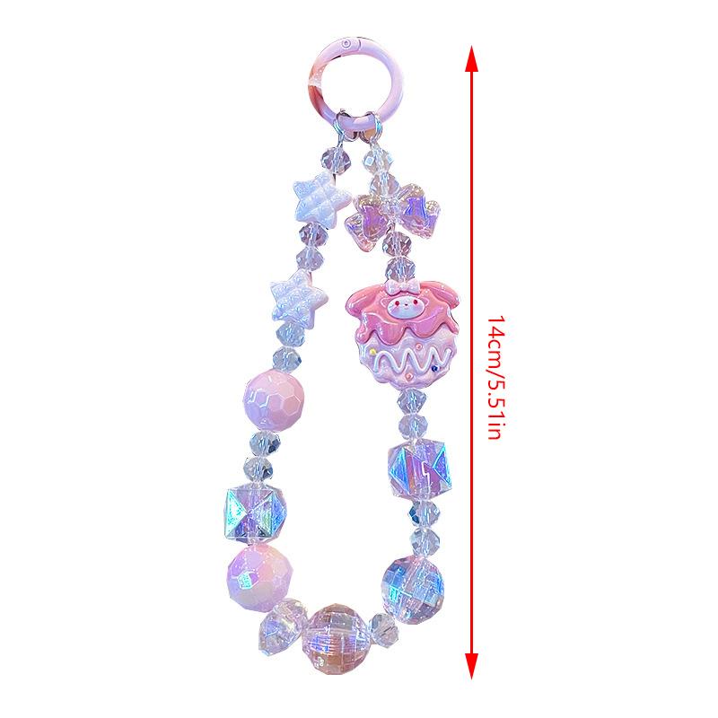 Kawaii Sanrio Hello Kitty Phone Chain W/Card Kuromi Cinnamoroll My Melody Beads Keychain Bowknot Anti-Lost Wrist Strap Bag Decor