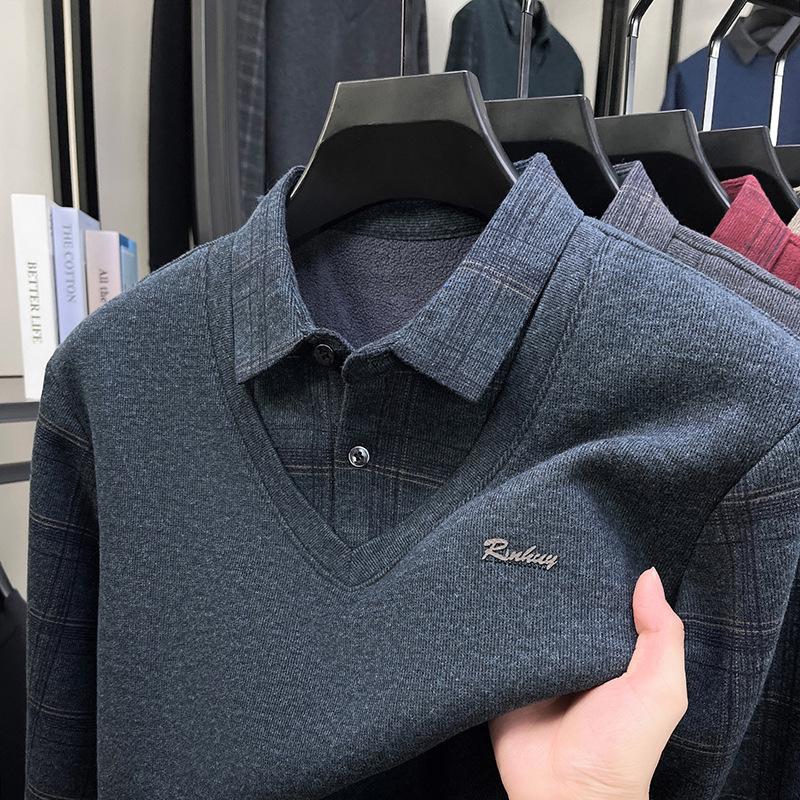 Maglione Invernale da Uomo Finto Due Pezzi con Collo in Lana - Caldo Tessuto di Velluto per Mezza Età e Anziani