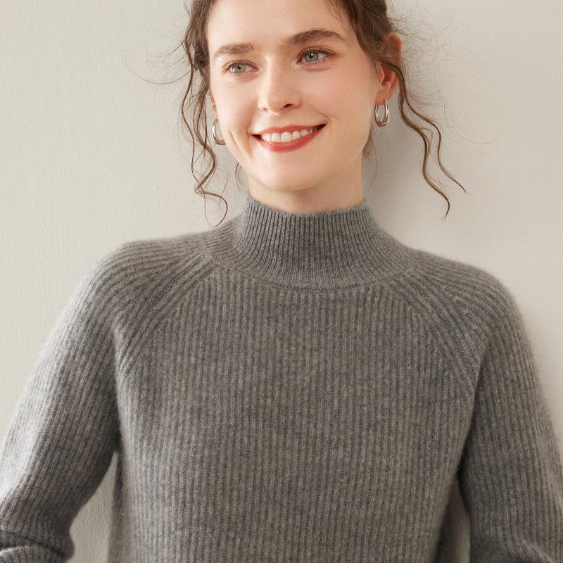 Women's Cashmere Raglan Sleeve Half-High Neck Sweater - Thickened Garter Stitch Knitwear, Versatile and Casual