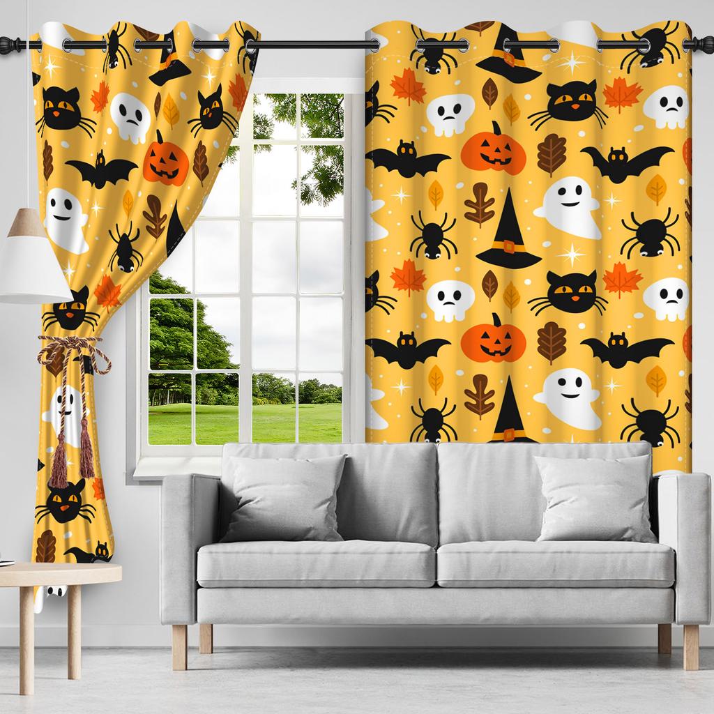 2pcs/set Horror Halloween Window Curtain Bat Spider Pumpkin Ghost Haunted House Home Decor Blackout Polyester Fabric Curtains