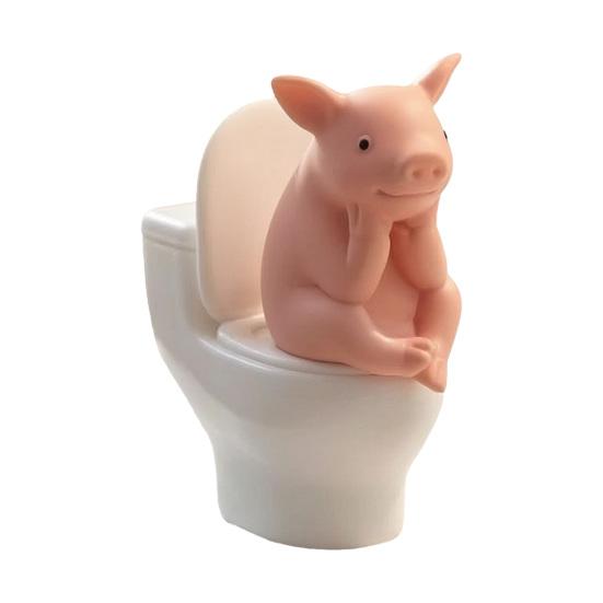 Miniature Pink Pig Toilet Figurine Sitting on Toilet Thinking Pig