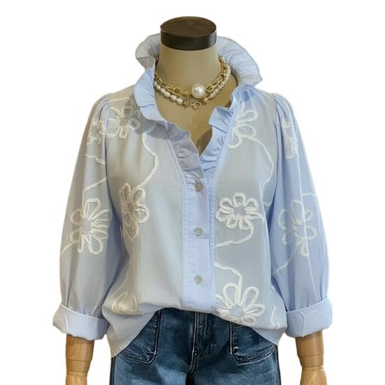 Женская блузка с V-образным вырезом, кружевной отделкой, длинным рукавом, однотонная, с вышивкой в виде цветов, весенне-летняя, повседневная M синий