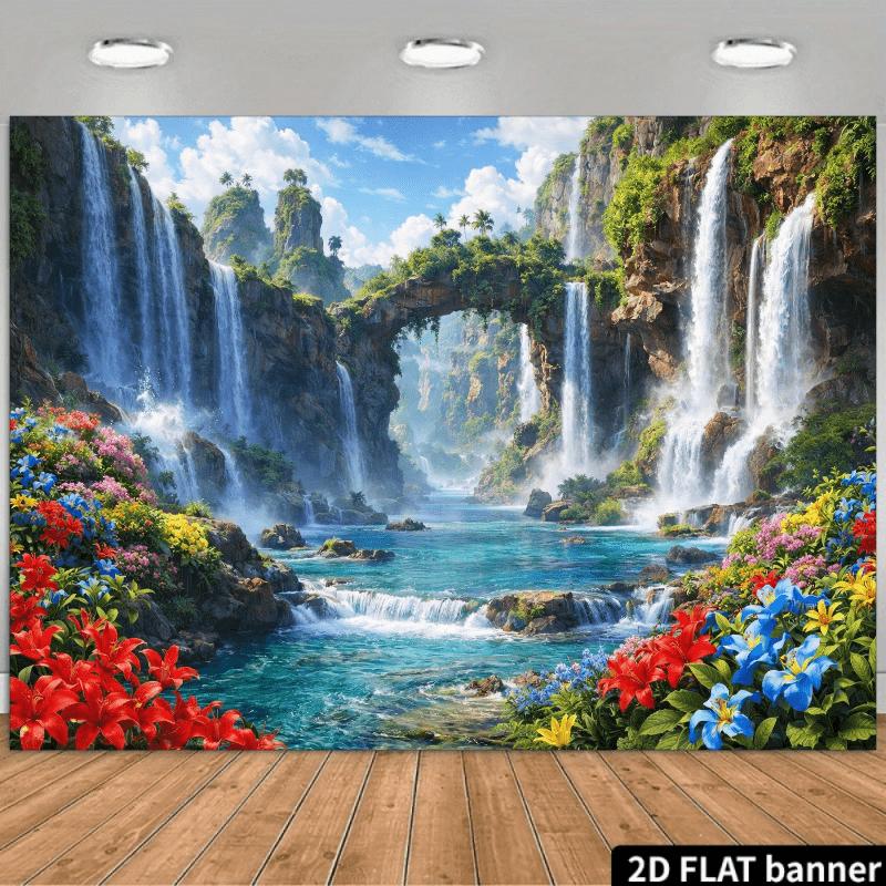 2D planar natural landscape banner background featuring mountains and waterfalls as the main theme with multiple waterfalls 100x150cm