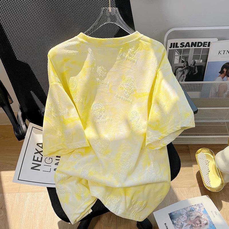 Korean Style Women's Tie-Dye Loose Fit Pure Cotton Short-Sleeve Top with Diamond Accent, Mid-Length Round Neck, Large Size.