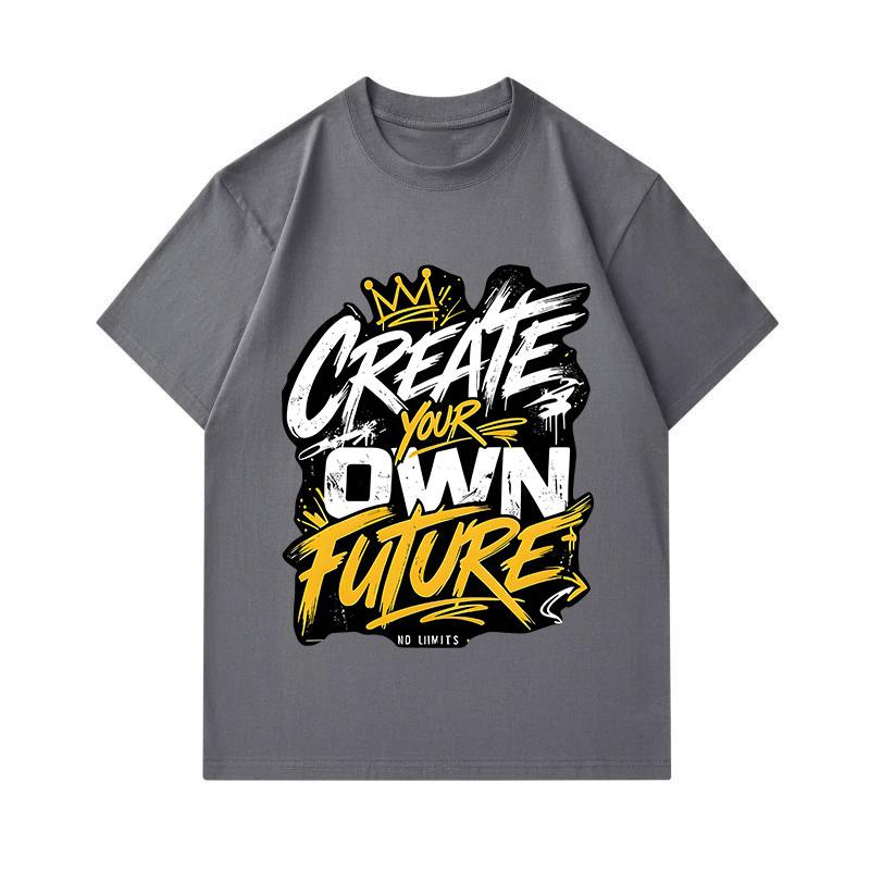 Men's 100% Cotton Crew Neck Short Sleeve T-Shirt, Create Your Own Future Graffiti Crown Print Casual Comfortable Summer Tee for Daily Wear