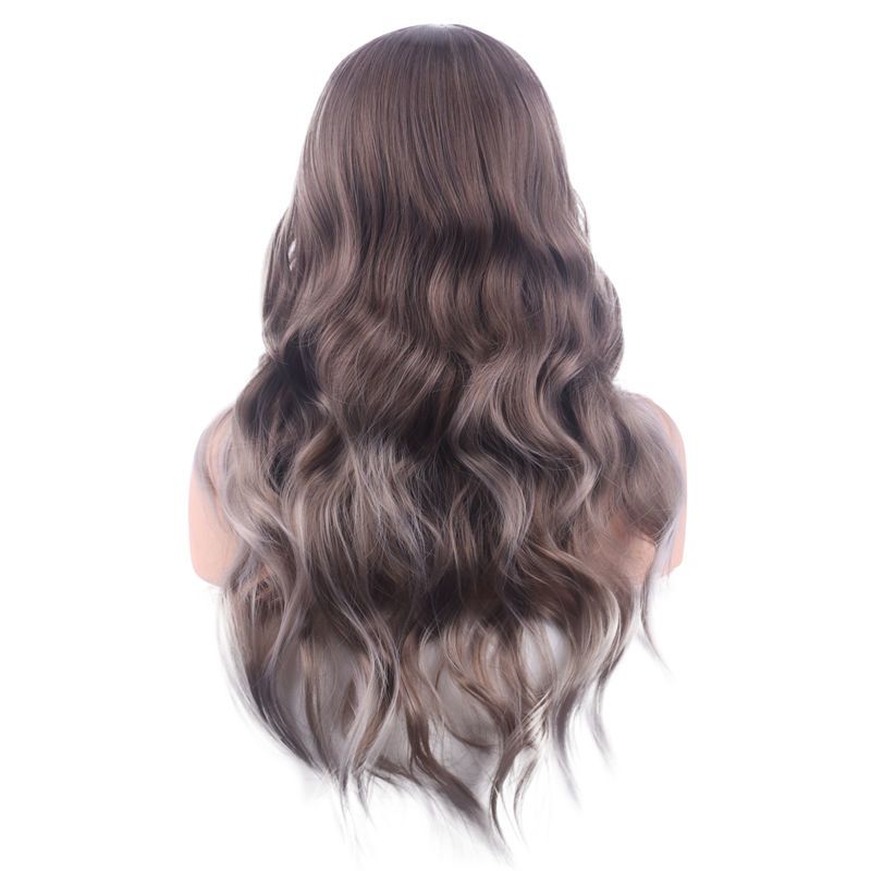 Synthetic Fiber Wigs Woman, Long Curly Hair, Parted with Bangs, Black and Gray Mixed Color Wigs
