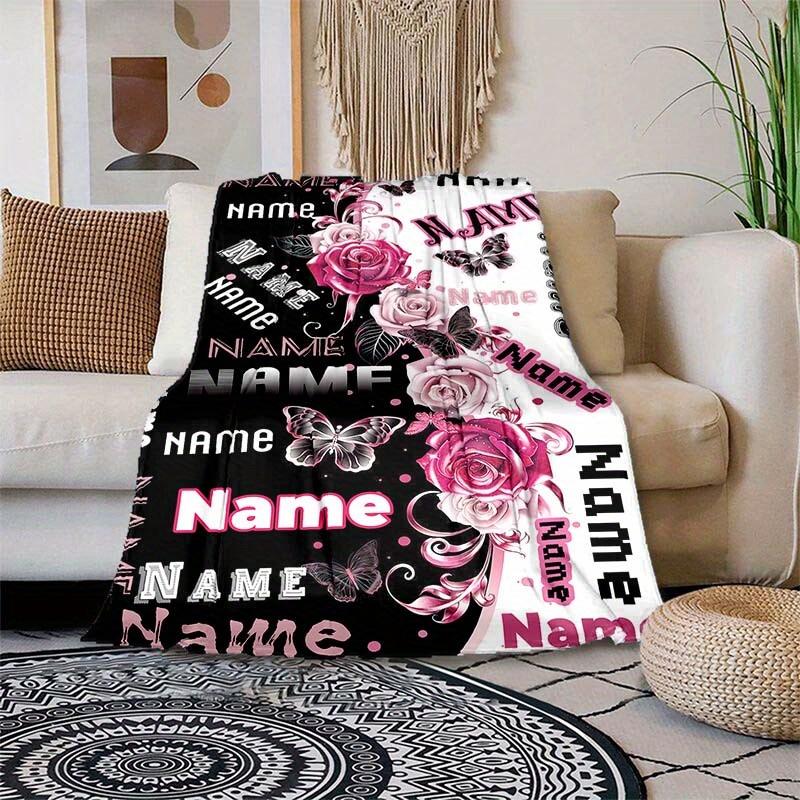 Your Name Rose Butterfly Customize Your Name Blanket Warm Comfortable Soft Blanket For Chair Office Sofa Bed Sofa Office Camping Suitable For Gifting