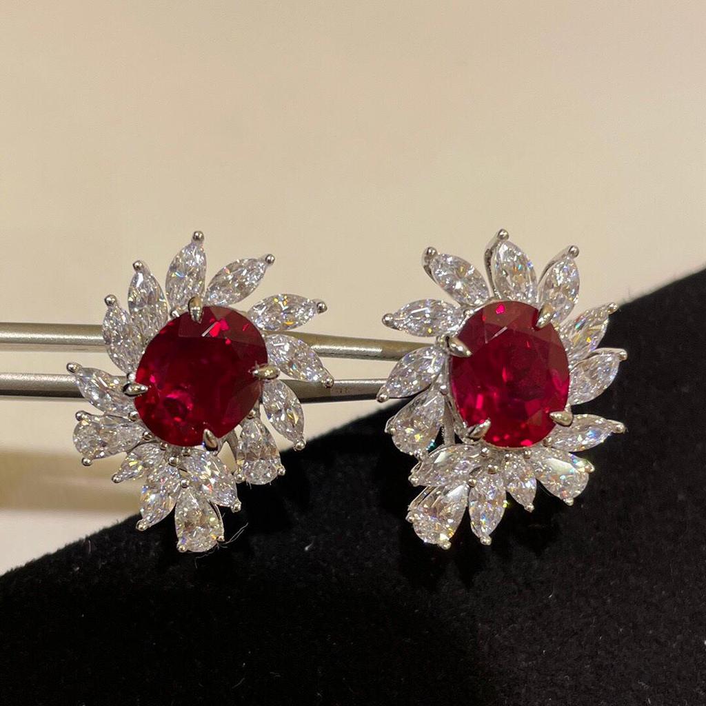 Hui Zhi Yi Jewelry 2023: Silver Light Luxury Pigeon Blood Red Earrings with 8x10mm High Carbon Diamond