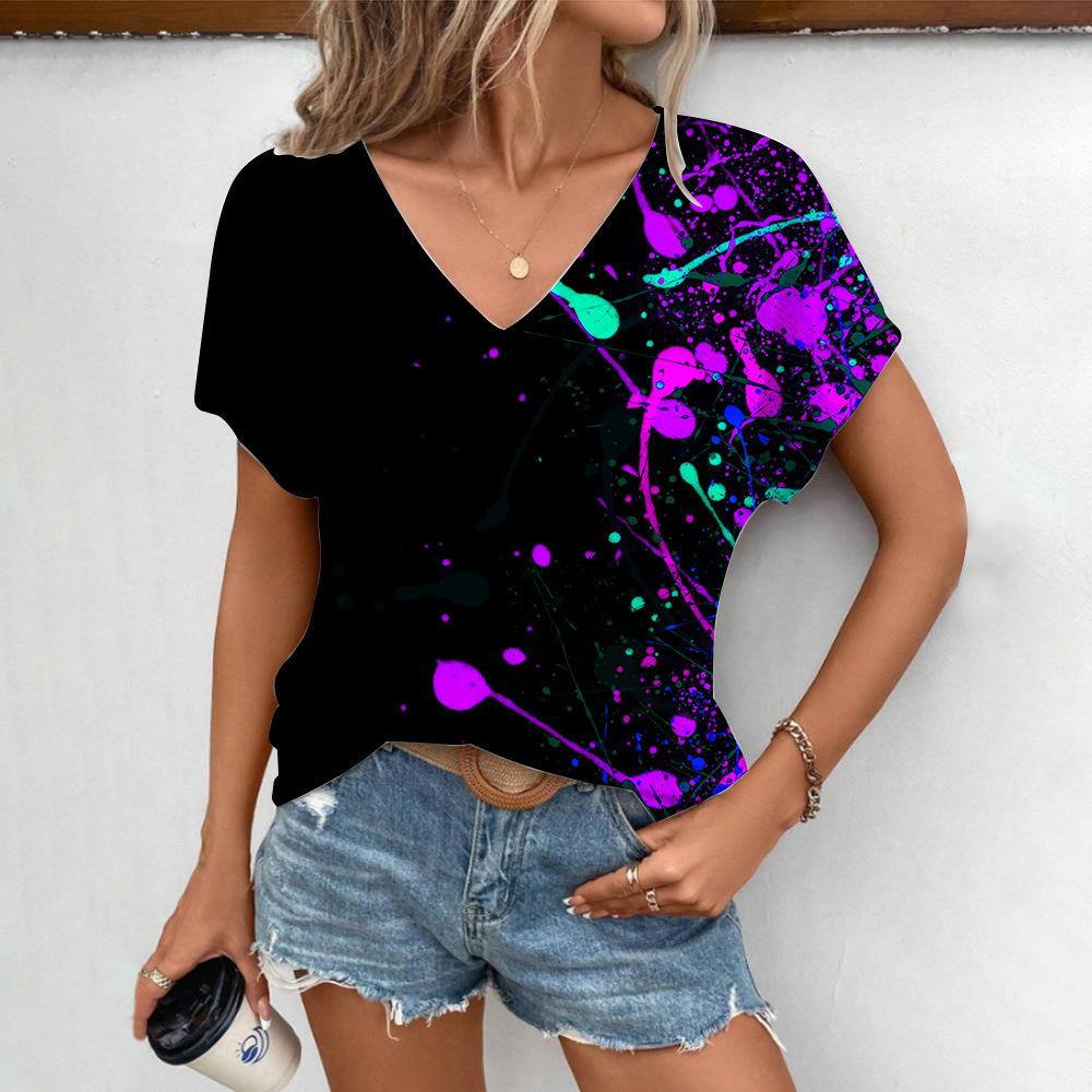 Summer V-neck 3D Colorful Splash Printed T-shirts Fashionable Casual Short Sleeved Women's T-shirts