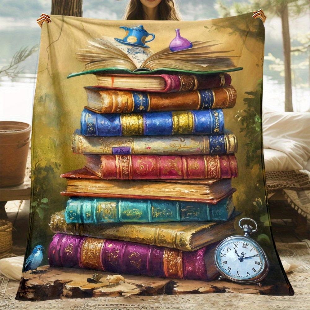 

Stack of vintage books teapot clock magical library fleece blanket book lover gift soft flannel for reading nook or study room 75x100cm (30x40inch)