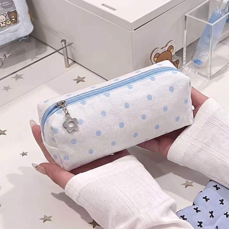 Cute Canvas Pencil Case With Blue Polka Dots And Flower Zipper Pull Perfect For Students School Stationery Storage
