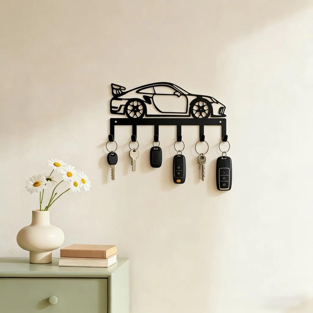 Wrought Iron Wall Mount Key Rack Sturdy 6 Hooks Sports Car Storage Hooks Entryway