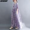 DIMANAF Plus Size Linen Summer Dress Beach Sundress  Floral Casual Purple Women Clothing