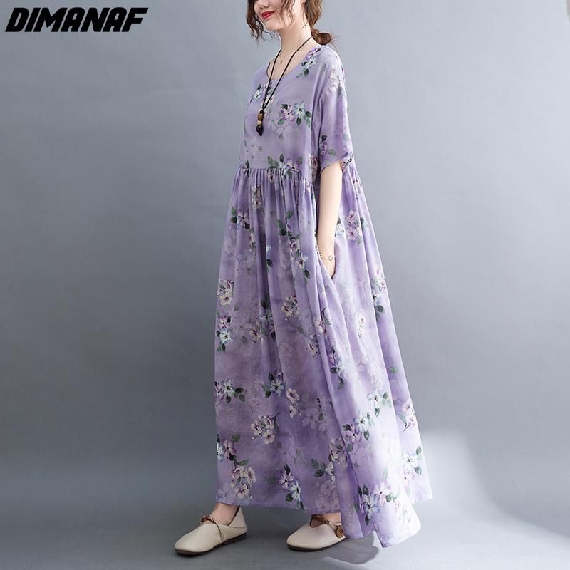 DIMANAF Plus Size Linen Summer Dress Beach Sundress  Floral Casual Purple Women Clothing